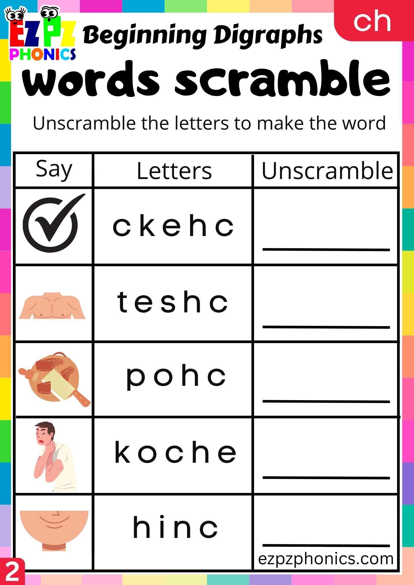 Group2 CH Words Words Scramble Consonant Digraphs Phonics Beginning Worksheet